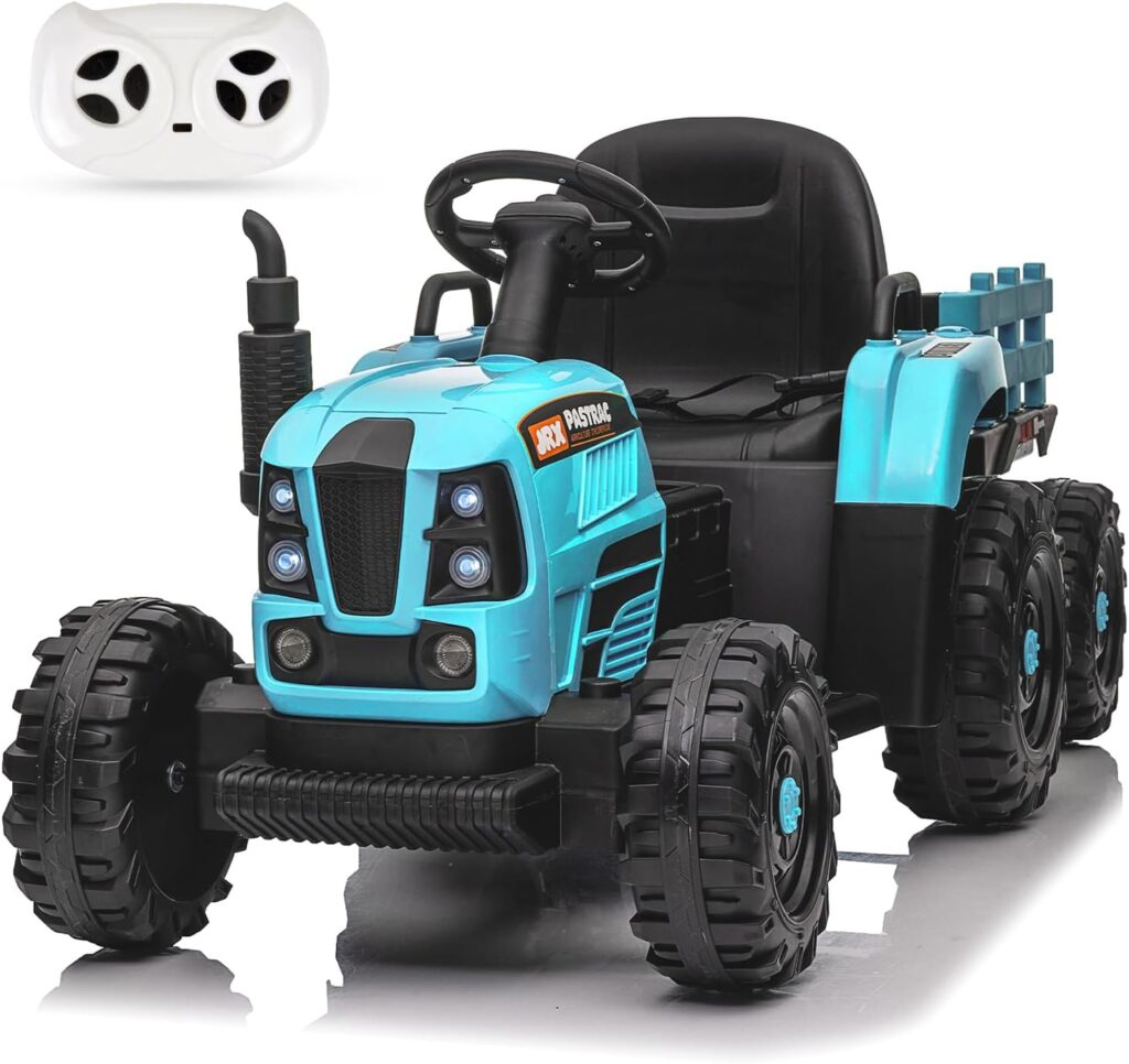 Kids Ride on Tractor with Trailer, 12V Battery Powered Electric Tractors for Kids with Remote Control, Tractor Toy with 3-Gear-Shift, Music Player, 30W Dual Motors, 6-Led Light, Blue