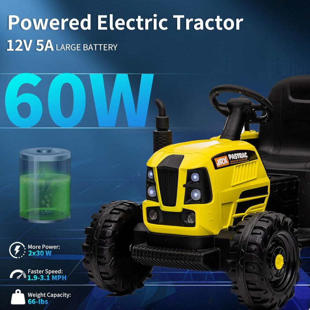 Kids Ride on Tractor with Trailer, 12V Battery Powered Electric Tractors for Kids with Remote Control, Tractor Toy with 3-Gear-Shift, Music Player, 30W Dual Motors, 6-Led Light, Blue