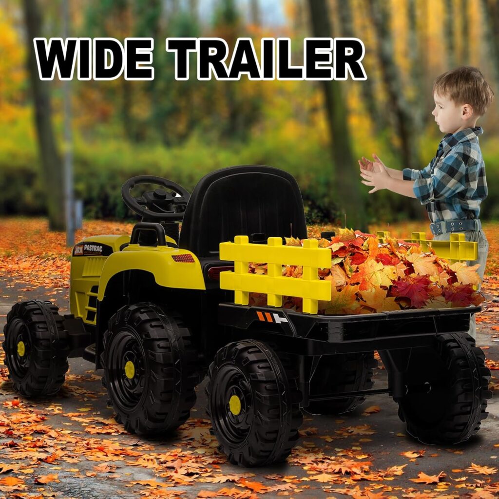 Kids Ride on Tractor with Trailer, 12V Battery Powered Electric Tractors for Kids with Remote Control, Tractor Toy with 3-Gear-Shift, Music Player, 30W Dual Motors, 6-Led Light, Blue