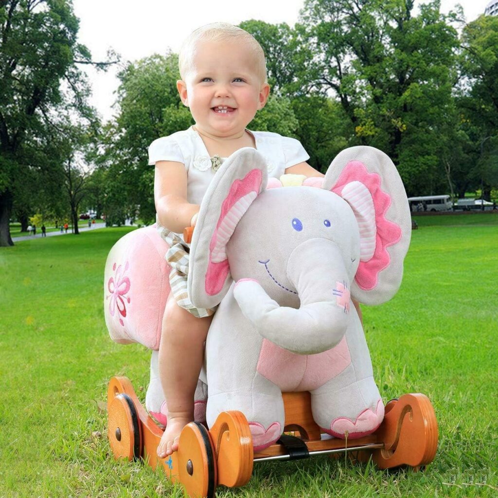 labebe - Plush Rocking Horse, Pink Ride Elephant, Stuffed Rocker Toy for Child 1-3 Year Old, Kid Ride On Toy Wooden, 2 In 1 Rocking Animal with Wheel for Infant/Toddler(GirlBoy),Nursery Birthday Gift