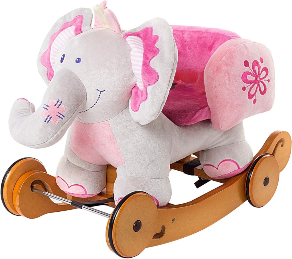 labebe - Plush Rocking Horse, Pink Ride Elephant, Stuffed Rocker Toy for Child 1-3 Year Old, Kid Ride On Toy Wooden, 2 In 1 Rocking Animal with Wheel for Infant/Toddler(GirlBoy),Nursery Birthday Gift