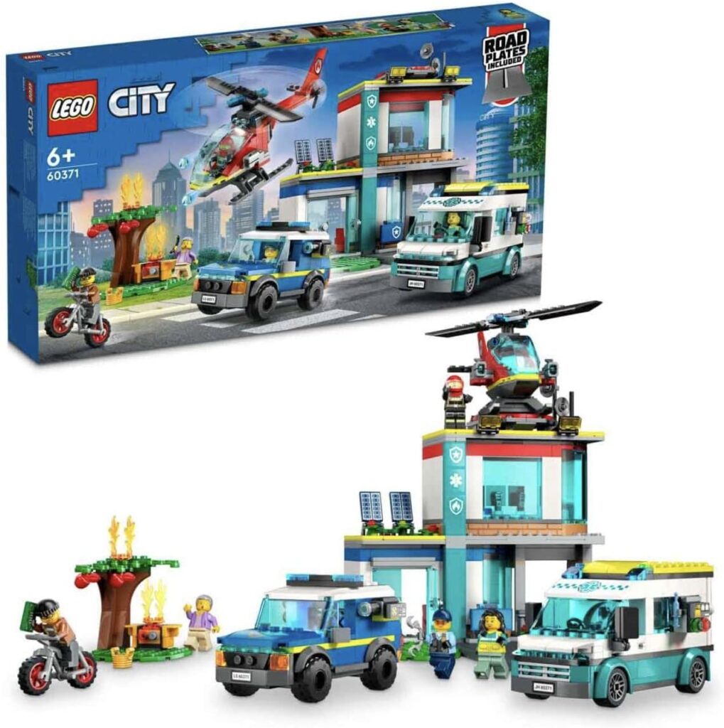 LEGO 60371 City Emergency Vehicle Headquarters Building Set with Toy Helicopter, Ambulance, Toy Motorbike and Police Car, Gift Idea for Children Over 6 Years Old