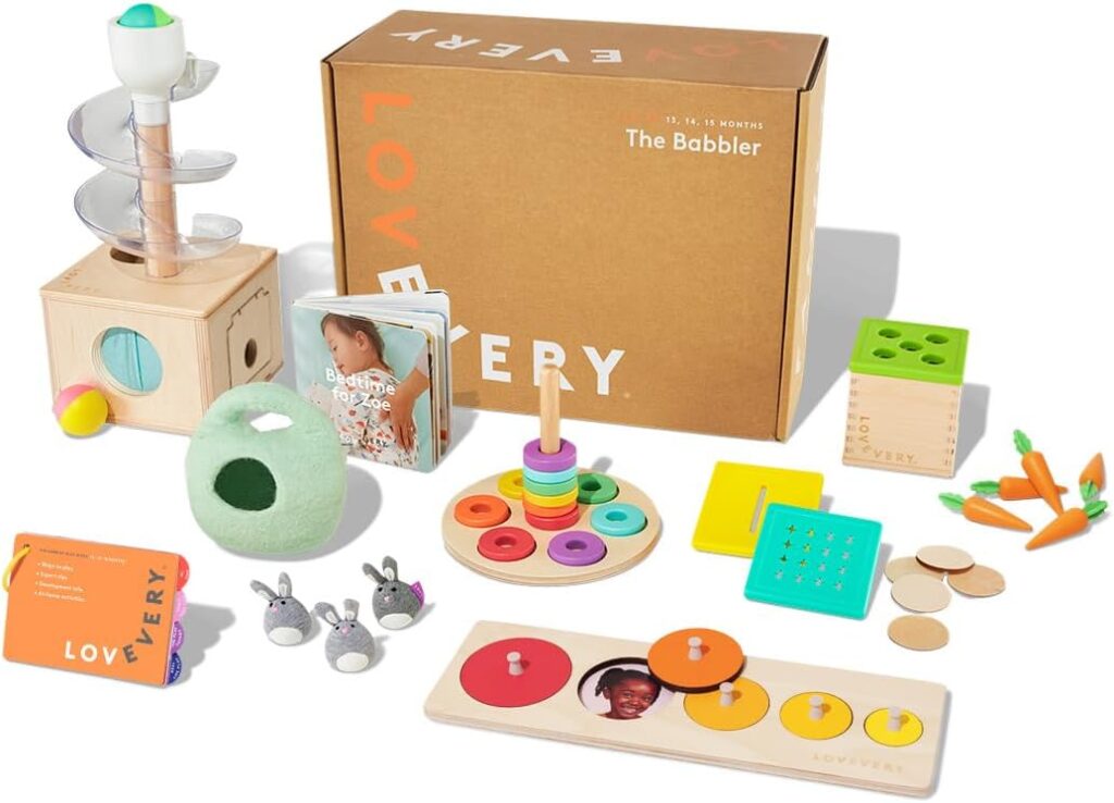 Lovevery | The Babbler Play Kit, Birthday Play Kit, Montessori Toddler Toy, 8 Play Products, 1 Board Book, and Play Guide (Best Birthday Gift for 1 Year Old)