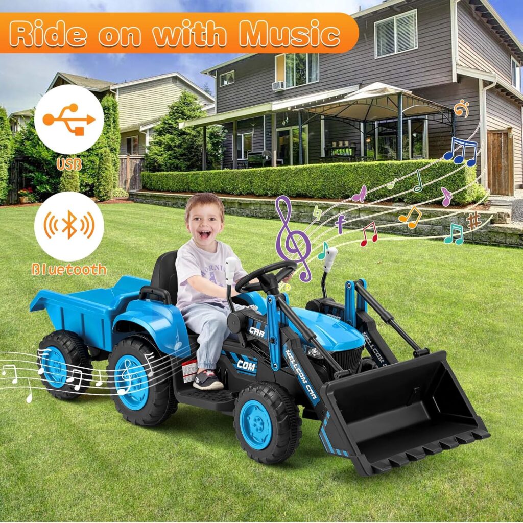 MELLCOM Ride on Bulldozer, Kids Car with Parent Remote, 12V Battery Powered Ride on Car with Trailer, kids Electric Vehicles with Front Loader Bucket, Horn, Lights, Music Player, Safety Belt, Red