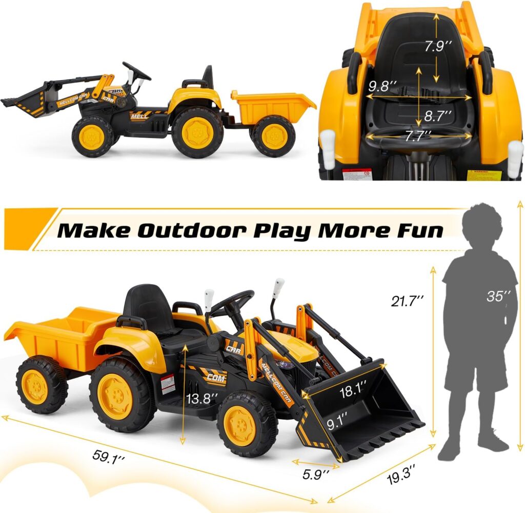 MELLCOM Ride on Bulldozer, Kids Car with Parent Remote, 12V Battery Powered Ride on Car with Trailer, kids Electric Vehicles with Front Loader Bucket, Horn, Lights, Music Player, Safety Belt, Red