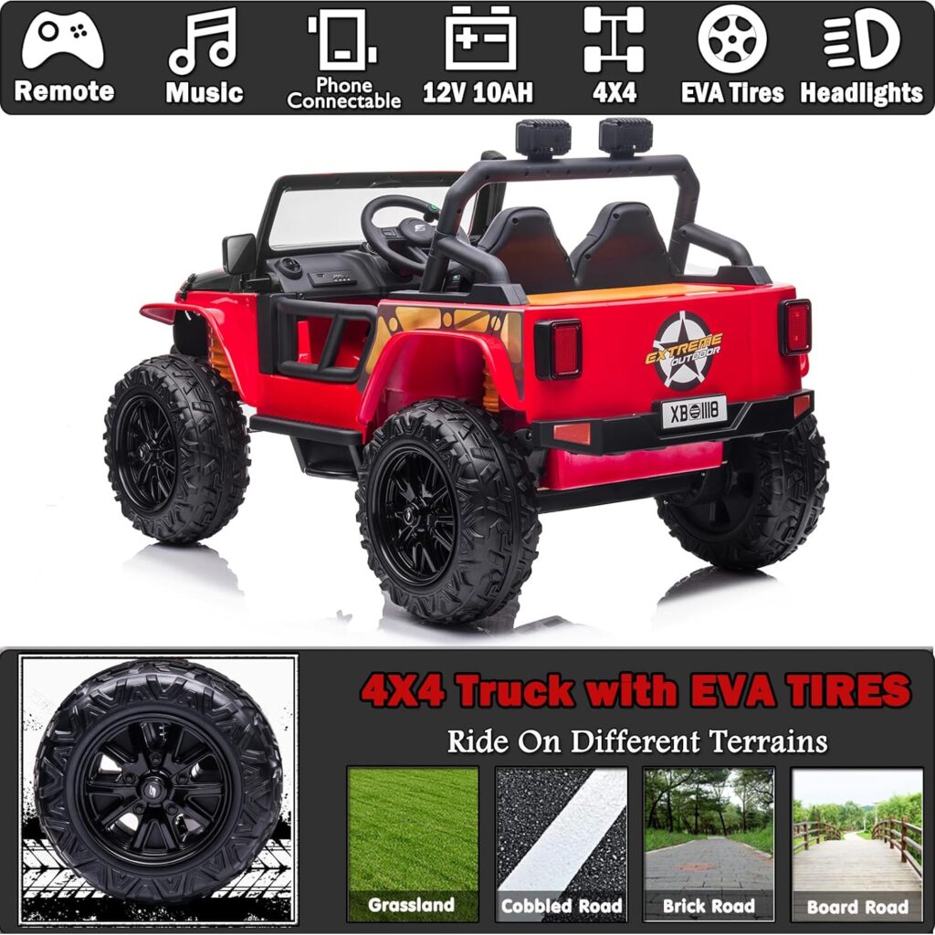 NEWQIDA Ride On Car with Remote Control 4WD Electric Car for Kids 4x4 Off-Road Ride On Truck 12V Battery Powered Ride On Toys for Toddlers, Parent-child Driving Mode, EVA Tires, 220lbs Max Road, Red