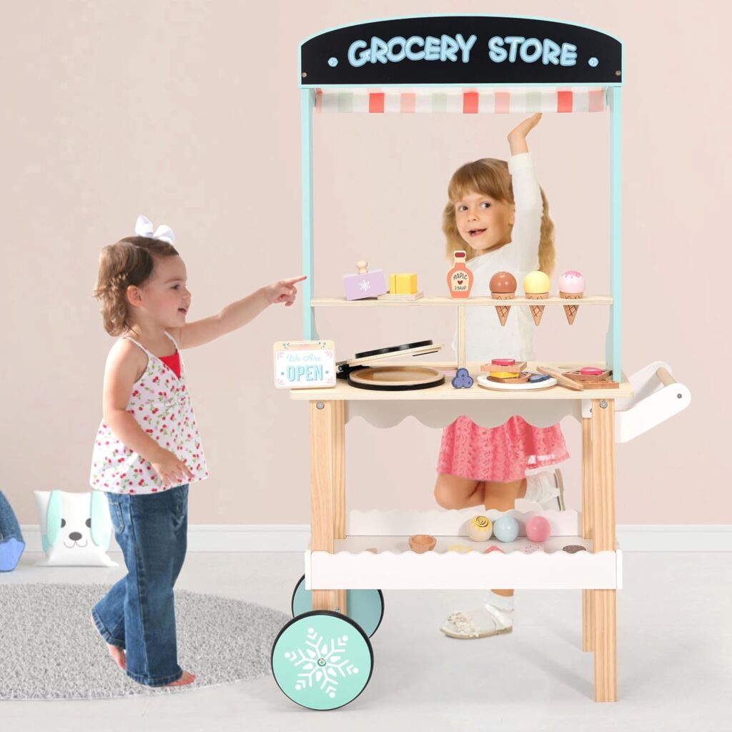 PairPear Wooden Ice Cream Cart for Kids Pretend Play Grocery Store, Ice Cream Truck with Wheels, 2 in 1 Wooden Toy Food Cart Toddler Play Kitchen Gift for Boys Girls 3+