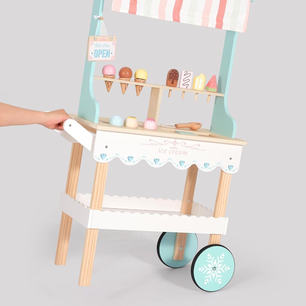 PairPear Wooden Ice Cream Cart for Kids Pretend Play Grocery Store, Ice Cream Truck with Wheels, 2 in 1 Wooden Toy Food Cart Toddler Play Kitchen Gift for Boys Girls 3+