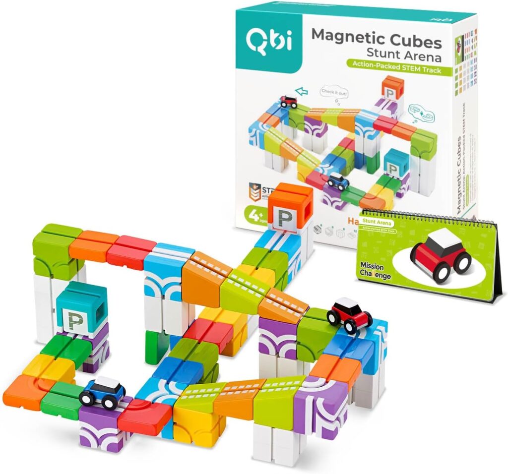 QBI Toy Stunt Arena: Action-Packed STEM Track, Building Tiles, 3D Colorful Magnetic Blocks Construction Educational STEM Toys with Kids car for 4+ Year Old Boys  Girls Montessori Game (46 Pieces)