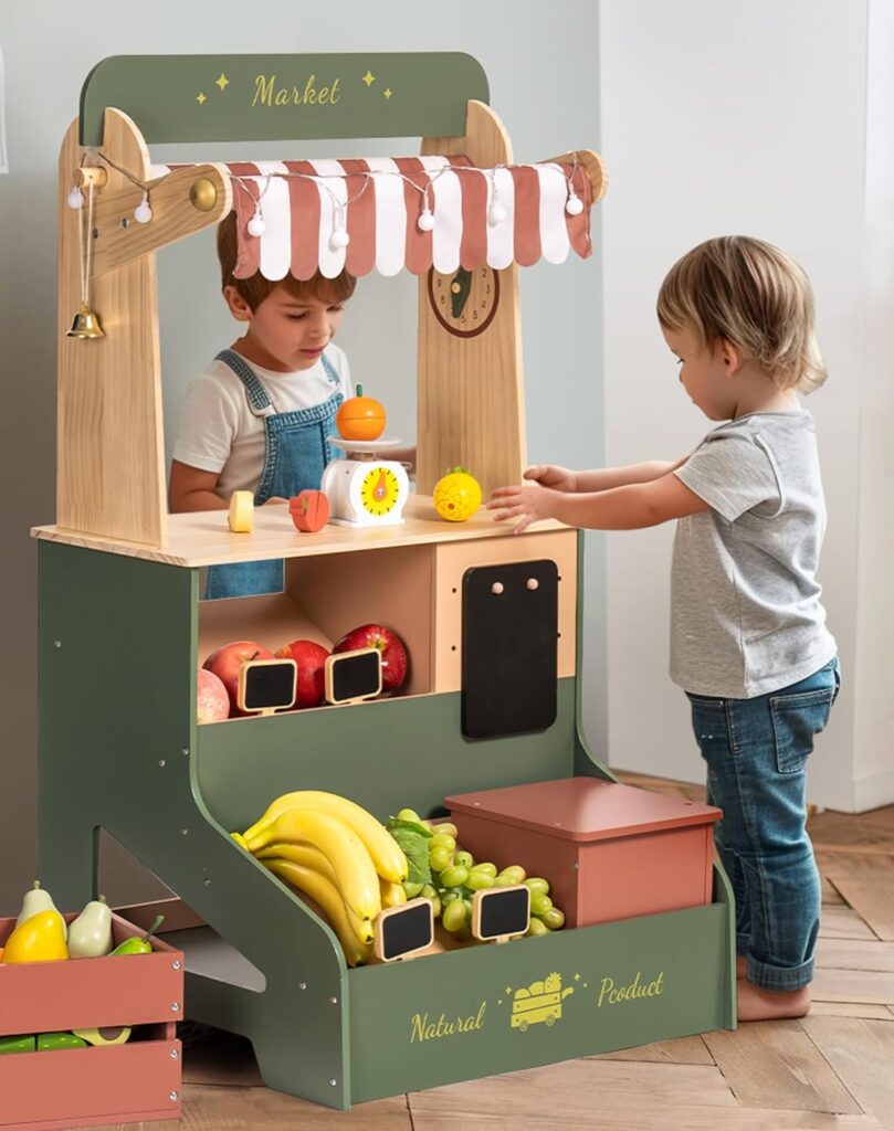 ROBOTIME Wooden Grocery Store Playset, Kids Play Store, Starlight Market Kitchen Playset Stand- Realistic Pretend Play Set with Lights, Chalkboard, Gift for Boys Girls 3+