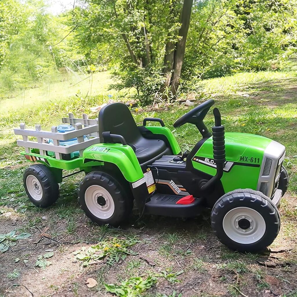 SEHOMY Kids Ride on Tractor with Trailer and 25W Dual Motors, 12V Battery Powered Electric Kids Car Vehicle Toys with Remote, 3-Gear-Shift, Music, LED Lights,USB, Power Wheels for Boys Red