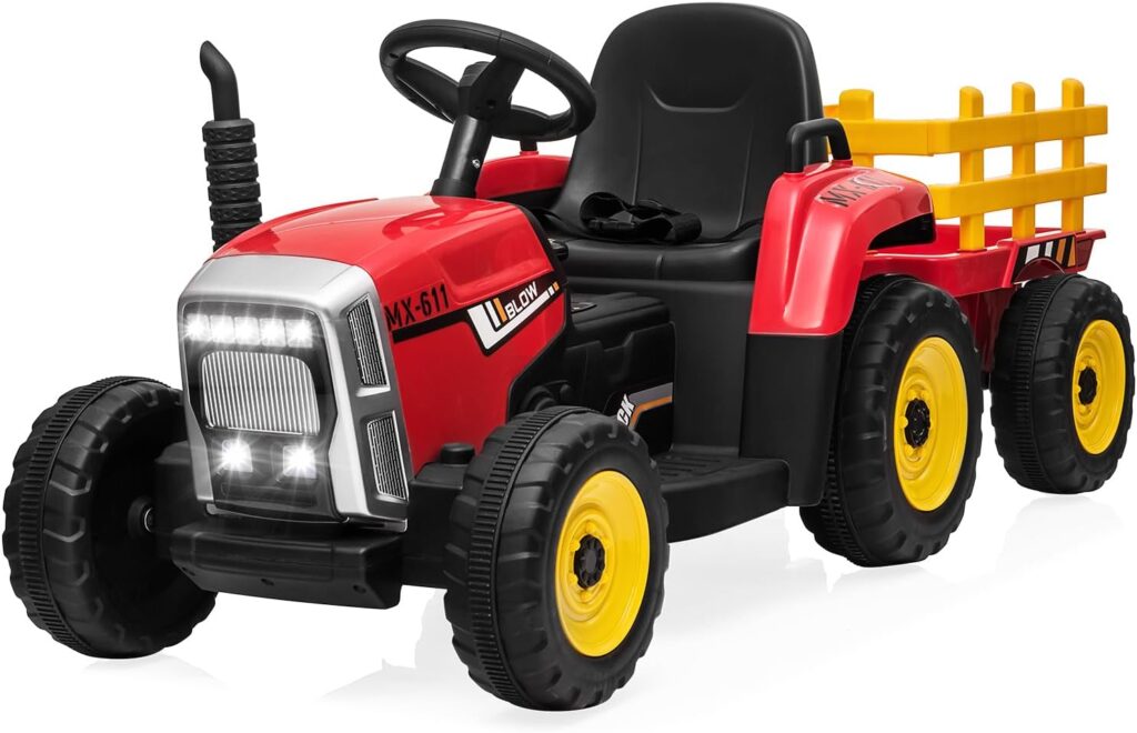 SEHOMY Kids Ride on Tractor with Trailer and 25W Dual Motors, 12V Battery Powered Electric Kids Car Vehicle Toys with Remote, 3-Gear-Shift, Music, LED Lights,USB, Power Wheels for Boys Red