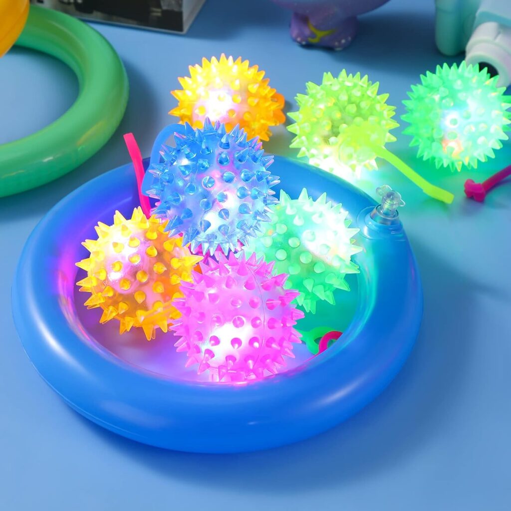 Sotiff 300 Pcs Light up Ball Spiky LED Bouncy Ball Flashing Squeaky Ball Multicolor Puffer Balls Stress Relief Balls Rubber Sensory Toy Carnival Prizes Bulk Party Favors for Teens, Adults, Children