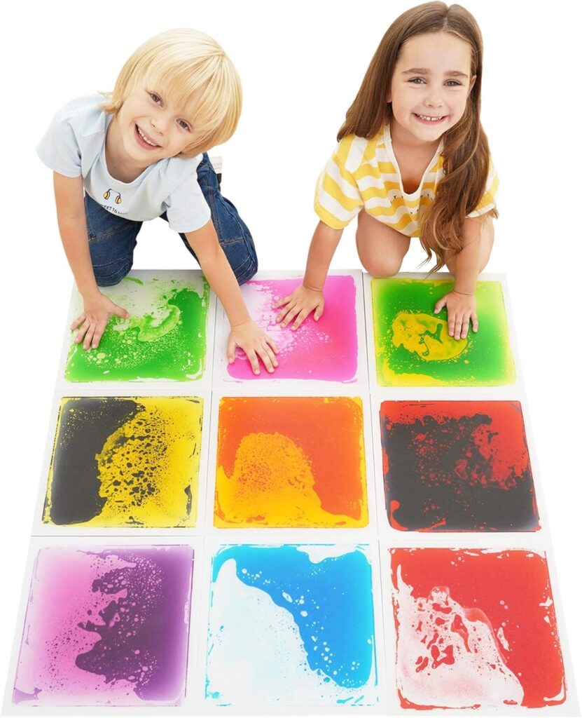 Special Supplies Square Floor Liquid Tiles for Kids, Set of 9, Colorful Early Learning Sensory Activity Mats for Toddlers and Children, Anti-Slip Backing for Active Play, Dance, and Games