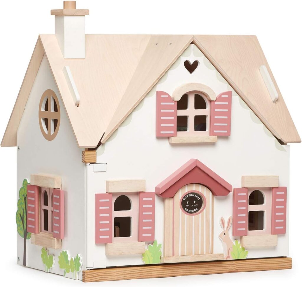 Tender Leaf Toys - Cottontail Cottage - Furnished 18.7 Tall 3 Story Countryside Wooden Doll House with 24 Pcs Accessories - Encourage Creative and Imaginative Fun Play for Children - Age 3+