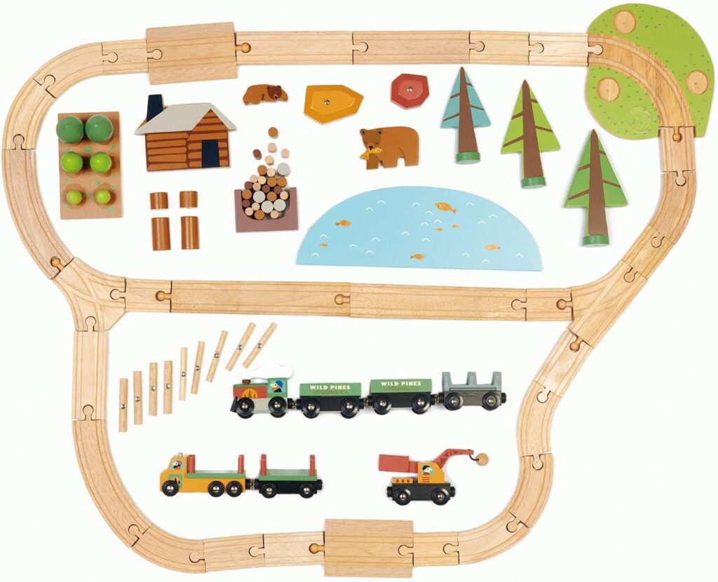 Tender Leaf Toys - Wild Pines Train Set - 95 Pieces Wooden Train  Bridge Set for Kids, Toddler Boys  Girls - Compatible with most Toy Trains - Age 3+