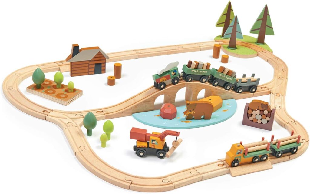 Tender Leaf Toys - Wild Pines Train Set - 95 Pieces Wooden Train  Bridge Set for Kids, Toddler Boys  Girls - Compatible with most Toy Trains - Age 3+