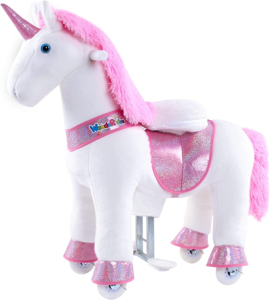 WondeRides Ride on Rainbow Unicorn Toys for girls ride on horse Riding Pony Cycle Toy for toddlers for 3-5 Years Old (Size 3, 30.1 Inch Height) Plush Walking Horse Rocking Mechanical with Wheels.