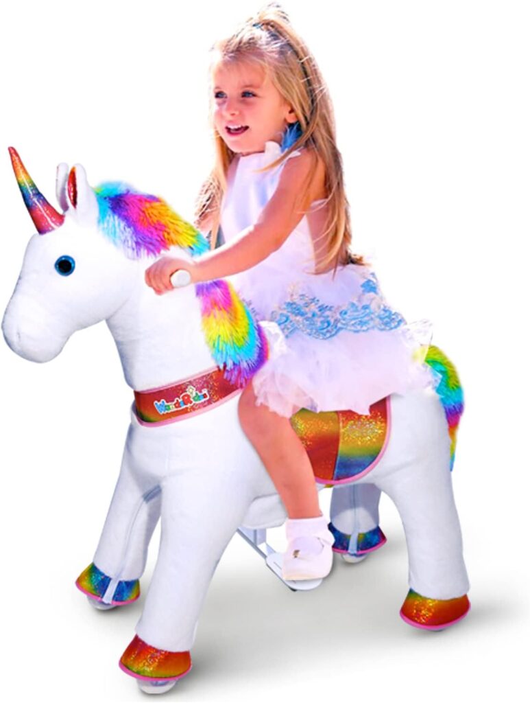 WondeRides Ride on Rainbow Unicorn Toys for girls ride on horse Riding Pony Cycle Toy for toddlers for 3-5 Years Old (Size 3, 30.1 Inch Height) Plush Walking Horse Rocking Mechanical with Wheels.