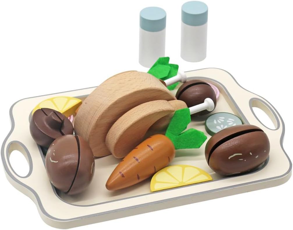 Wooden Play Kitchen Toys with Birthday Cake Wooden Turkey Chicken and Wooden Tea Party Set for Kids Toddler Baby Boy Girl