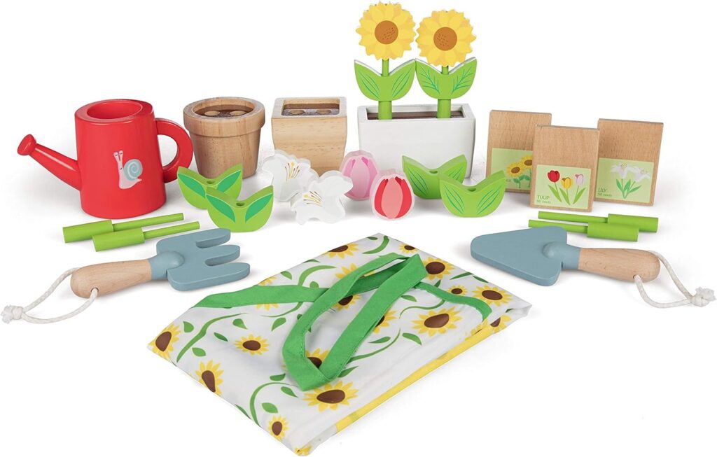 Wooden Toy Gardening Center Indoor Playset - 22 Pc Garden Stand Set w Flowers Seed Packets Pots Shovel Rake Apron Watering Pot - Great Interactive  Fun Pretend Playtime, Kids Gift for Boys or Girls