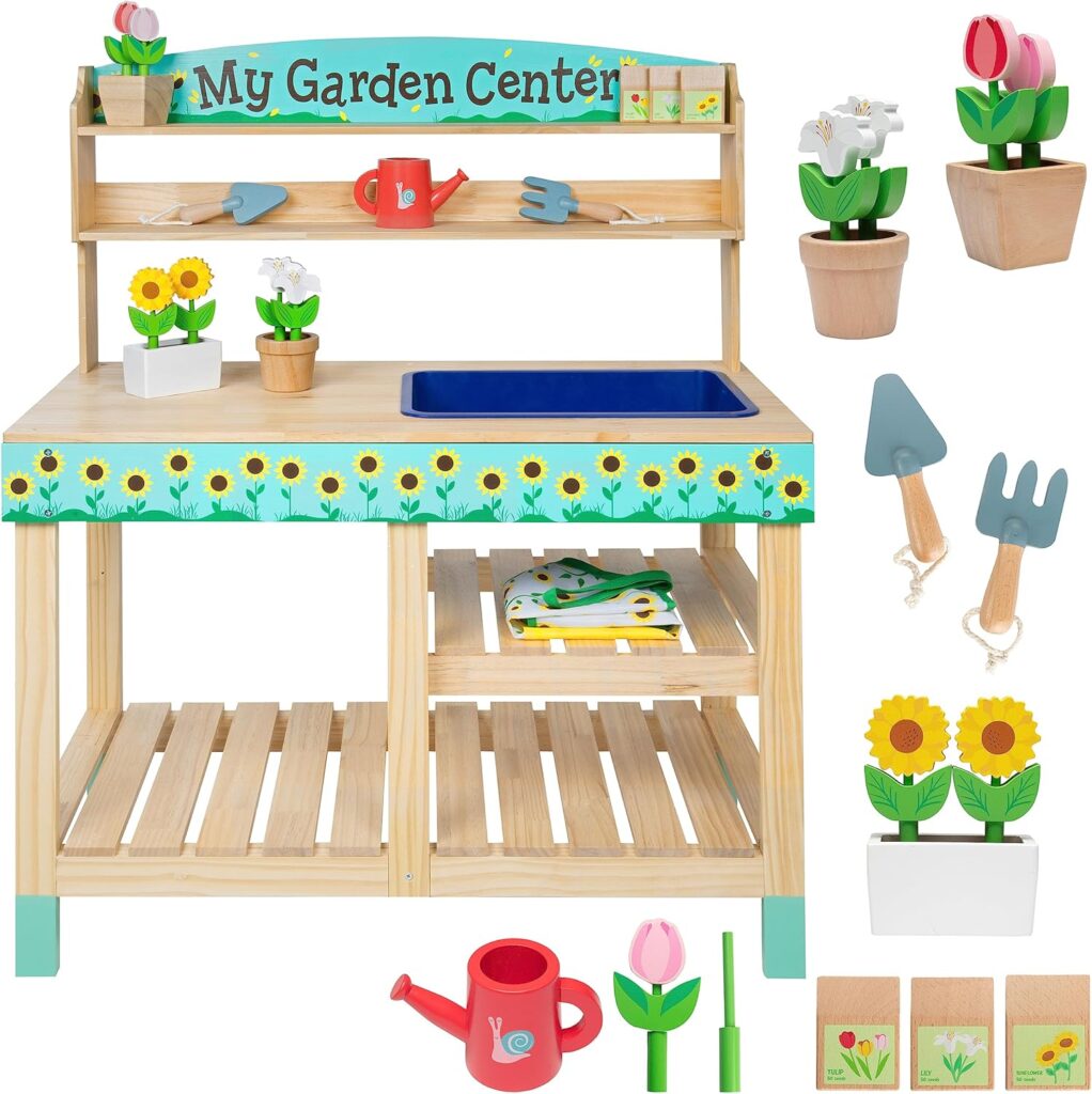 Wooden Toy Gardening Center Indoor Playset - 22 Pc Garden Stand Set w Flowers Seed Packets Pots Shovel Rake Apron Watering Pot - Great Interactive  Fun Pretend Playtime, Kids Gift for Boys or Girls