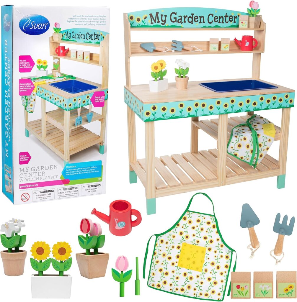 Wooden Toy Gardening Center Indoor Playset - 22 Pc Garden Stand Set w Flowers Seed Packets Pots Shovel Rake Apron Watering Pot - Great Interactive  Fun Pretend Playtime, Kids Gift for Boys or Girls