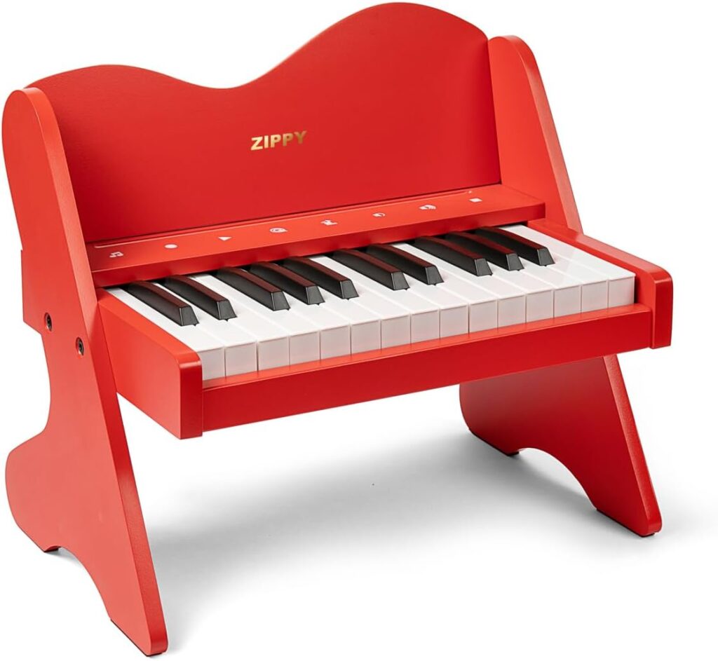 ZIPPY Kids Piano Keyboard, 25 Keys Digital Piano for Kids, Touch Sensitive Control Panel, Volume Adjustable, Mini Music Educational Instrument Toy, Wood Piano for Toddlers Girls Boys (Red)