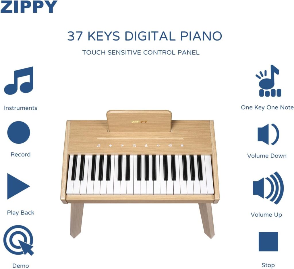 ZIPPY Kids Piano Keyboard, 37 Keys Digital Piano for Kids, Touch Sensitive Control Panel, Built-in Songs, Volume Adjustable, Music Educational Instrument Toy, Wood Piano for 3+ Girls and Boys